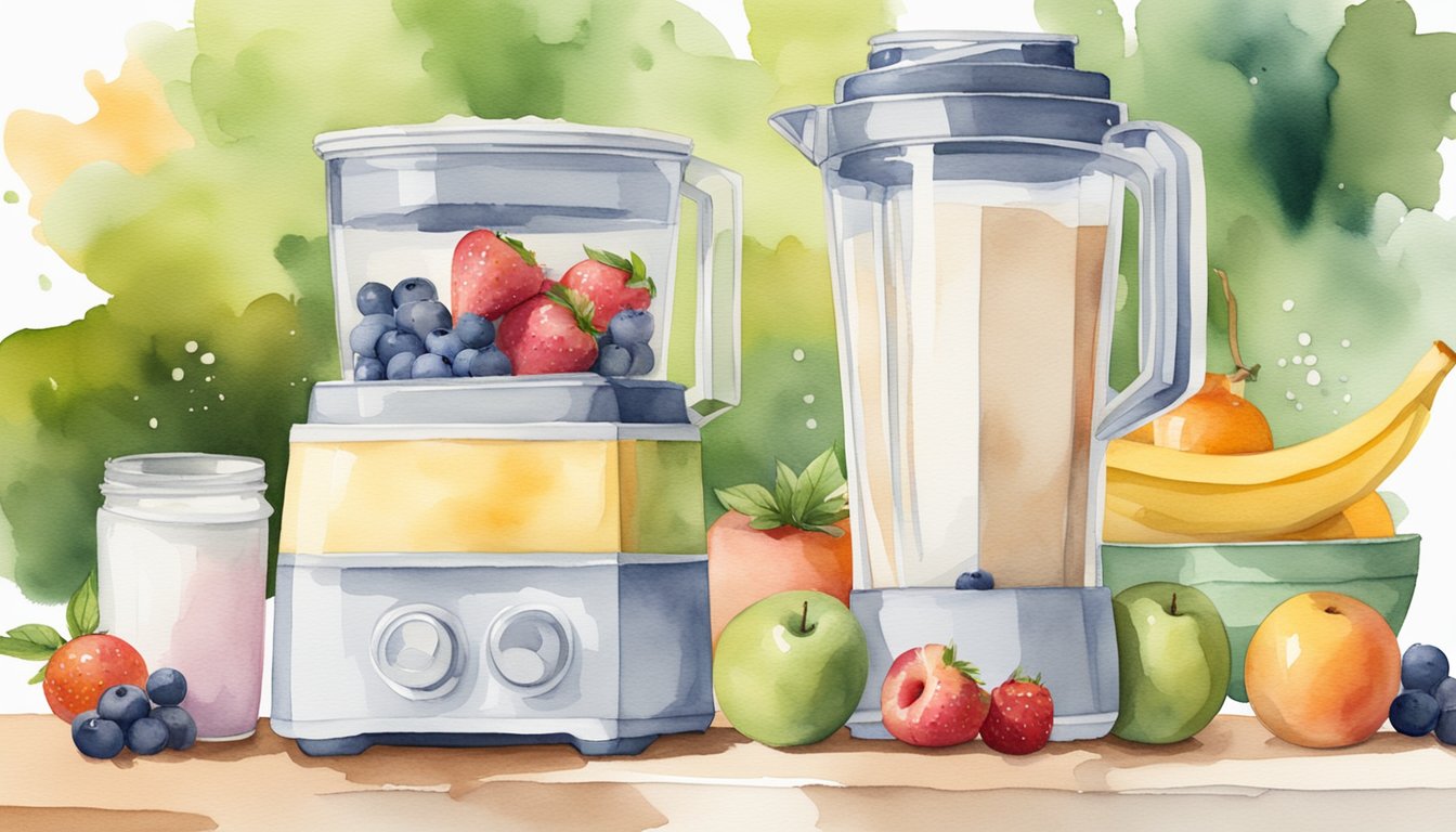 A blender whirring with protein powder, fruits, and milk.</p><p>A shaker bottle filled with a creamy, frothy protein shake.</p><p>An open cookbook with healthy recipes