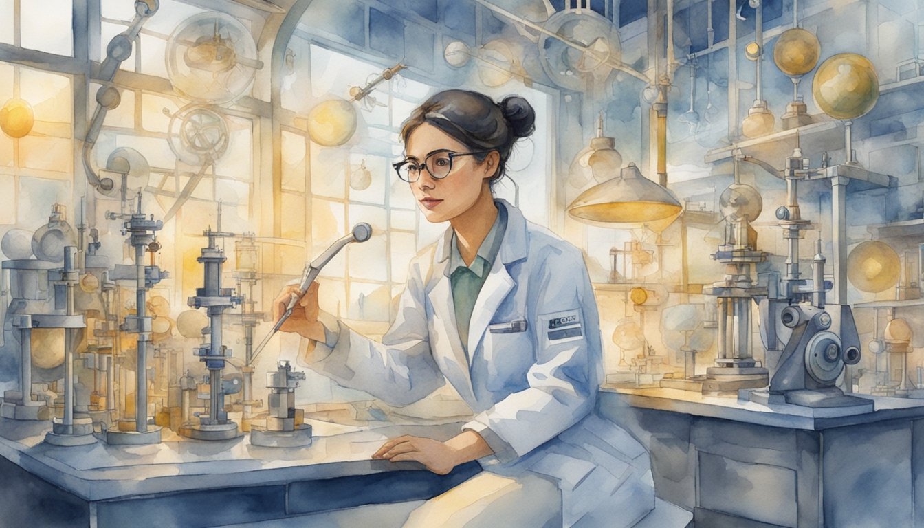 Female scientists breaking barriers, surrounded by scientific equipment and symbols of their achievements