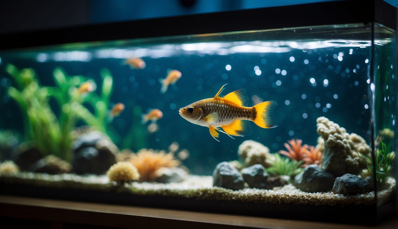 The guppy fish tank is set at a temperature of 74-82°F for optimal health and wellness