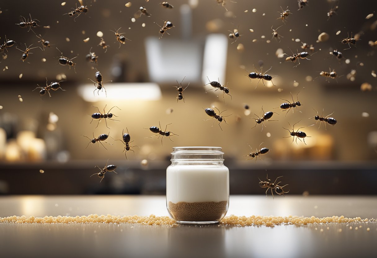 A trail of sugar ants can be seen marching through a kitchen, heading towards a spilled sugar jar