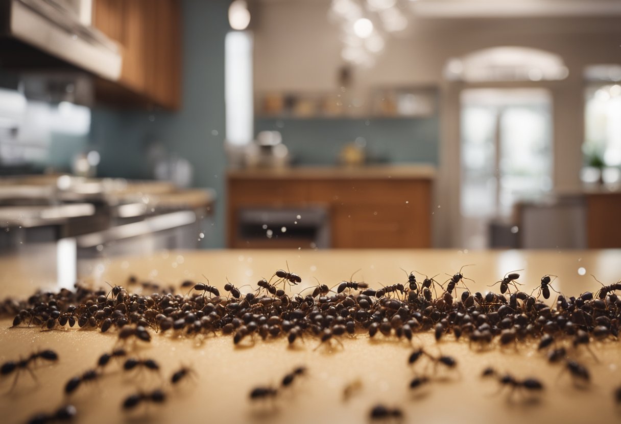 A swarm of sugar ants infiltrates a kitchen, trailing along countertops and swarming around spilled sugar