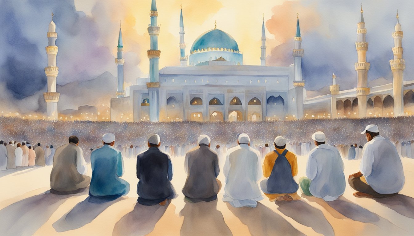 People kneeling in prayer, facing Mecca.</p><p>The call to prayer echoes through the air, marking the time for the faithful to worship