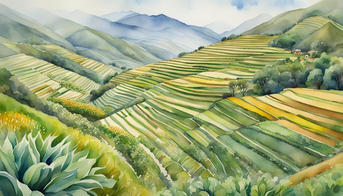 Lush terraced fields cover the mountainside, showcasing the intricate irrigation system and diverse crops of the Inca agricultural landscape