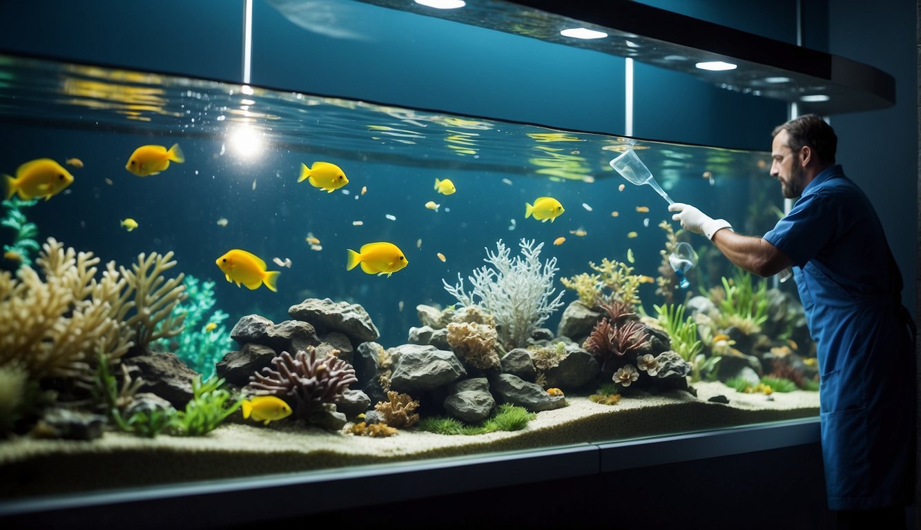 Aquarium decorations being cleaned with chemical-free agents, avoiding bleach