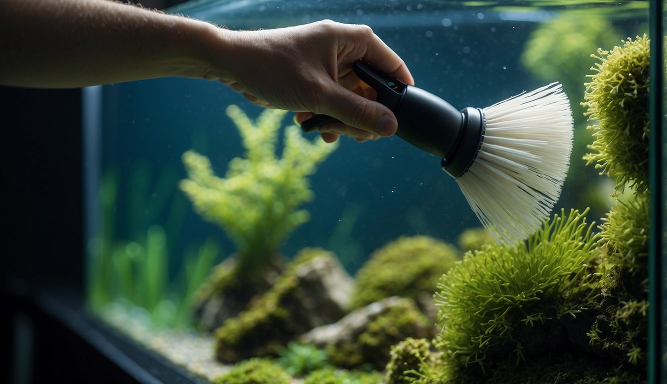 A hand holding a scrub brush, cleaning algae off aquarium decorations with a gentle, non-toxic solution