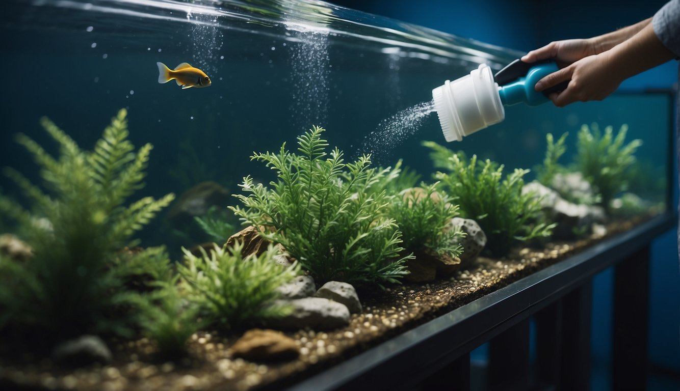 Aquarium decorations being scrubbed with non-toxic cleaner and rinsed with water