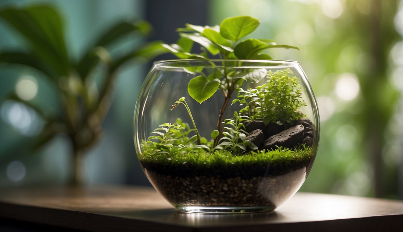 A hand pours substrate into a glass aquarium. Anubias and Java ferns are placed on top, their roots carefully tucked into the substrate