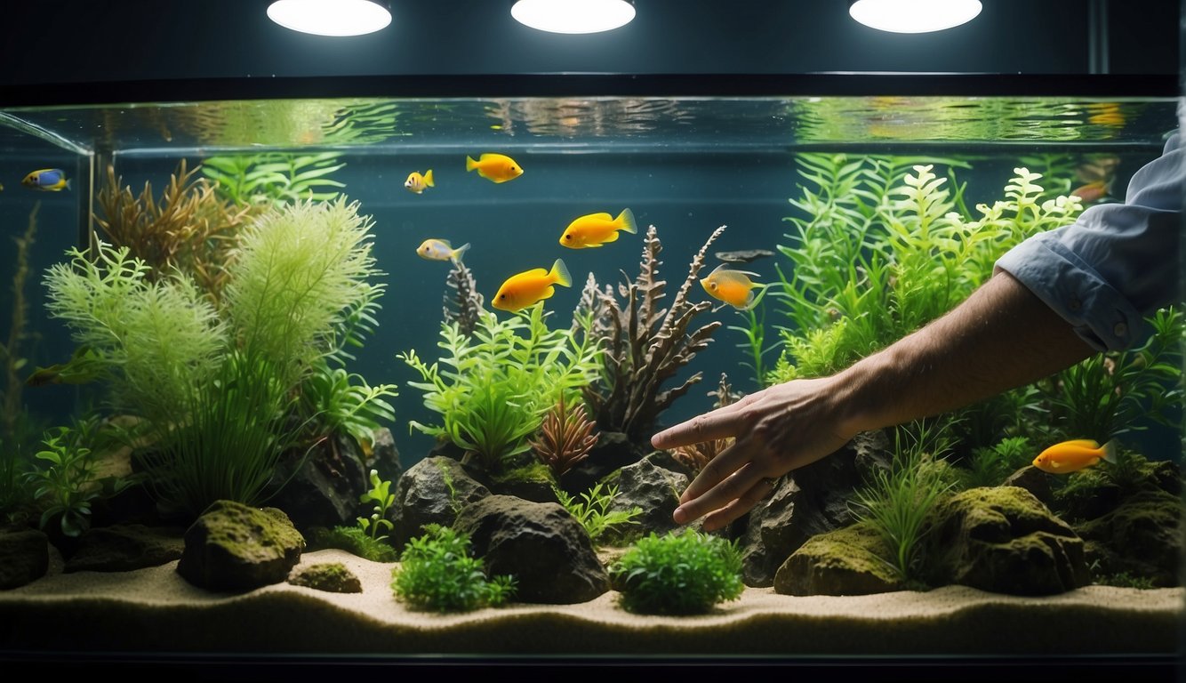 A hand reaches into an aquarium, carefully placing rootless plants into the substrate. Various species are selected, each one positioned with precision