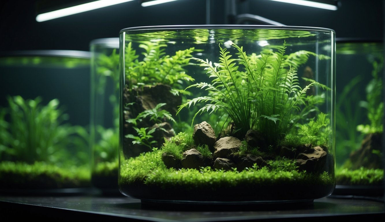 Lush green aquarium plants float freely in water, anchored by small weights or suction cups. No roots are visible, creating a serene underwater landscape
