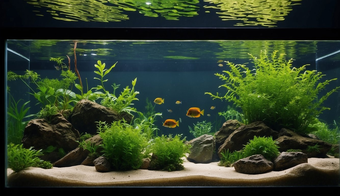 Aquarium plants floating in water, no roots. Solutions: use plant weights or tie to driftwood/rocks. Avoid burying in substrate