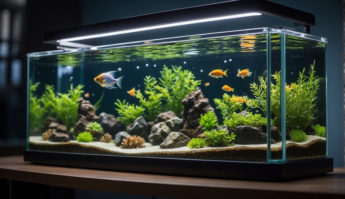 A clear, rectangular fish tank with a built-in, quiet, and efficient power filter mounted on the back wall, circulating the water and keeping it clean for the fish