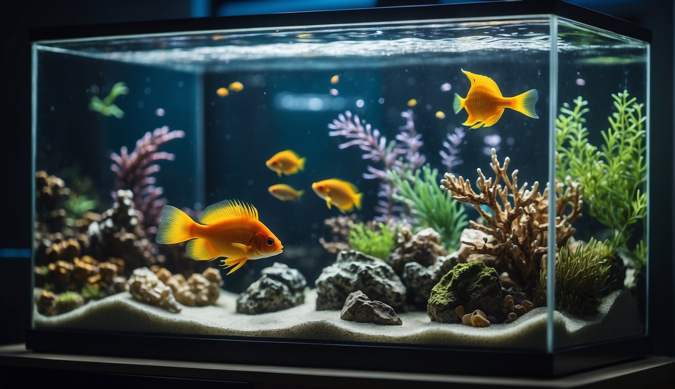 A fish tank with a variety of filter media options and maintenance tools displayed nearby