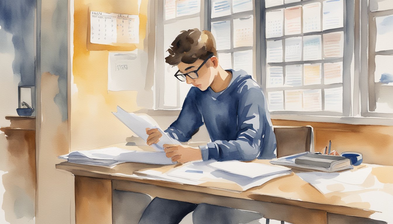 A student sits at a desk, filling out forms and submitting documents for student aid.</p><p>A calendar on the wall shows upcoming deadlines