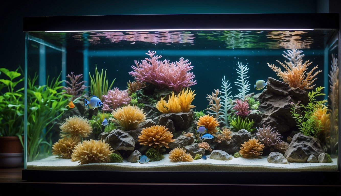 A variety of top filter models and brands are displayed next to a fish tank. The different types of filters are showcased to demonstrate which one is best for the tank