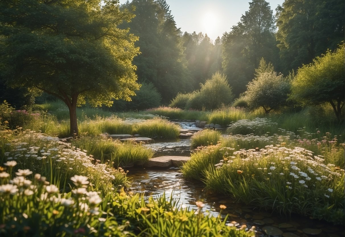 Healing Meditation Techniques for Stress Relief 2024 3 Healing Meditation: A serene garden with blooming flowers, a gentle stream, and a peaceful, clear sky