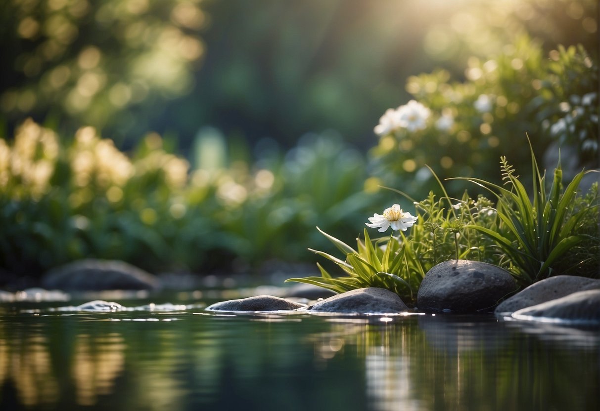 Healing Meditation Techniques for Stress Relief 2024 6 Healing Meditation: A serene setting with soft, natural lighting. A calm, peaceful atmosphere with elements of nature such as plants, water, and gentle sounds