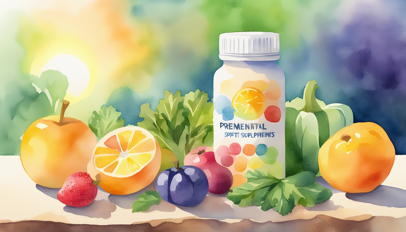 A bottle of prenatal supplements surrounded by colorful fruits and vegetables, with a glowing sun in the background