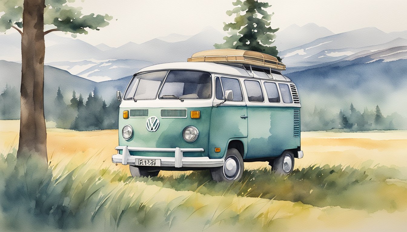 A Volkswagen van parked in a grassy field, surrounded by trees and mountains in the background.</p><p>The van's iconic shape and logo are clearly visible