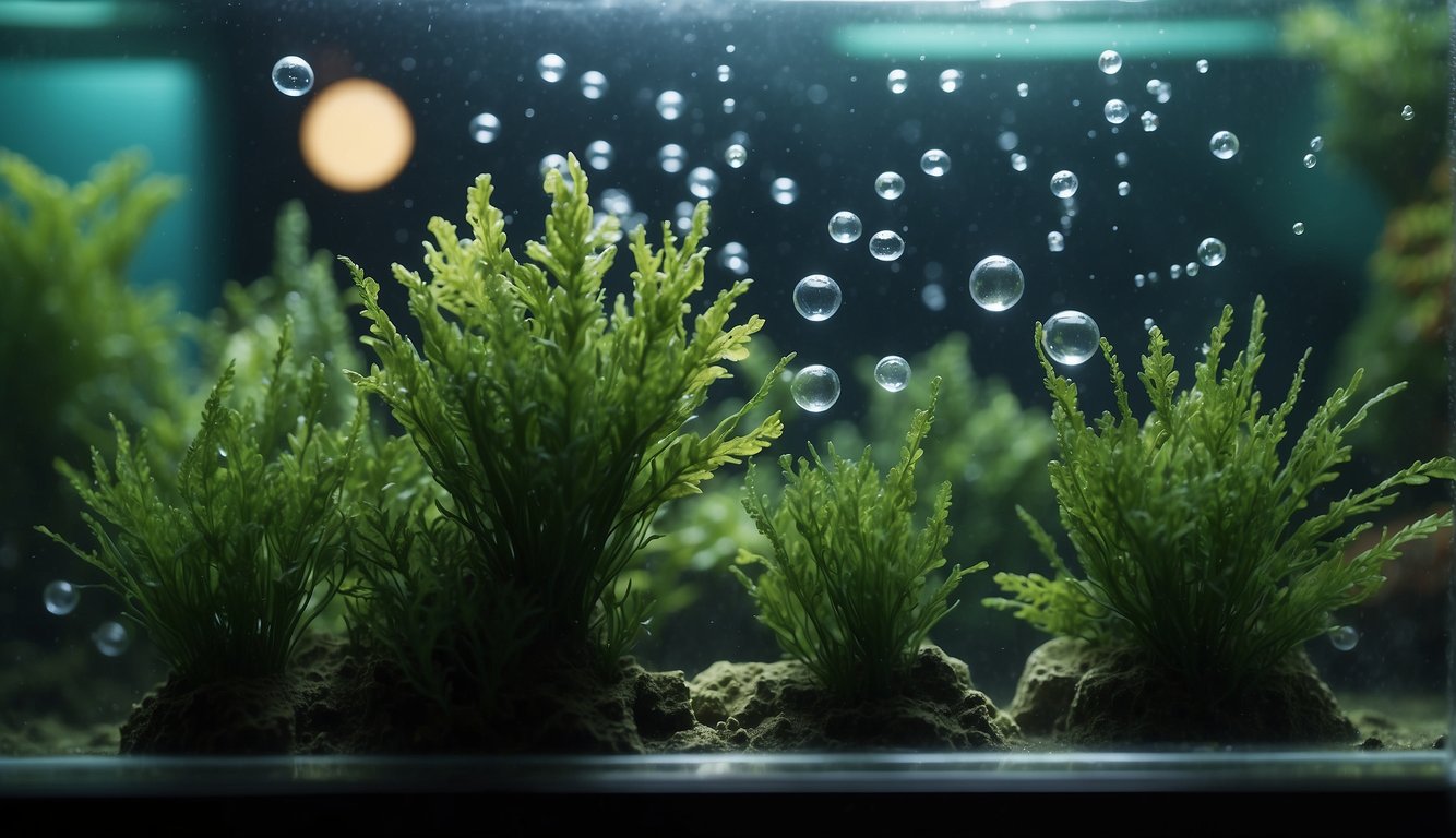 A hand brushes algae off a plastic plant in an aquarium. Bubbles rise as the decoration is rinsed under running water