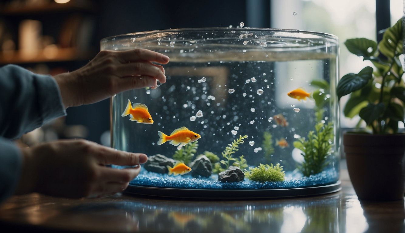 A hand reaches into a fish tank, scrubbing plastic decorations with a brush and rinsing them under running water