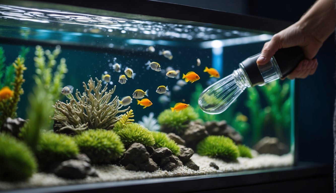 A hand pours warm water over plastic aquarium decorations, scrubbing with a soft brush and mild detergent to remove algae and debris