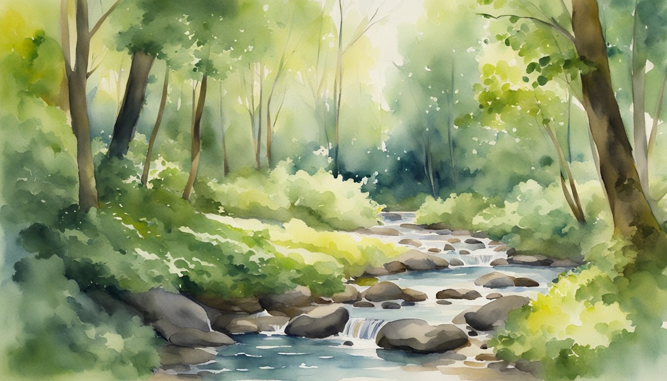 A tranquil forest clearing with dappled sunlight, a gentle stream, and lush greenery, creating a peaceful and calming atmosphere for healing and management