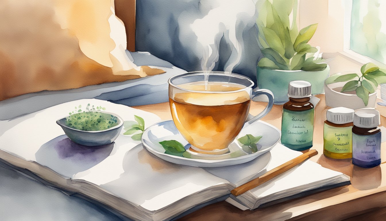 A steaming cup of herbal tea sits on a bedside table, surrounded by soothing essential oils and a humidifier.</p><p>A journal with voice exercises lies open, ready for use