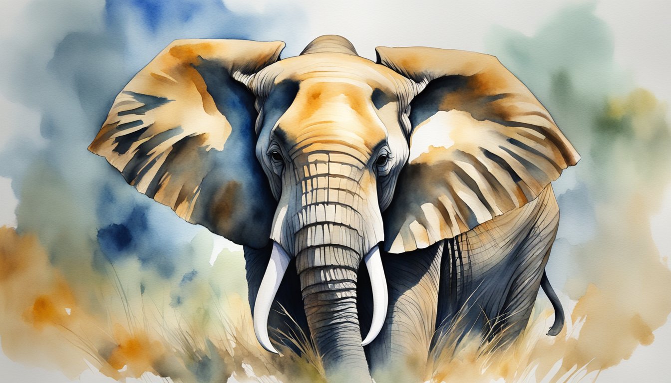 A large elephant stands tall, with prominent horns on its head.</p><p>Its thick, wrinkled skin and powerful legs depict its strong anatomy and evolutionary adaptations