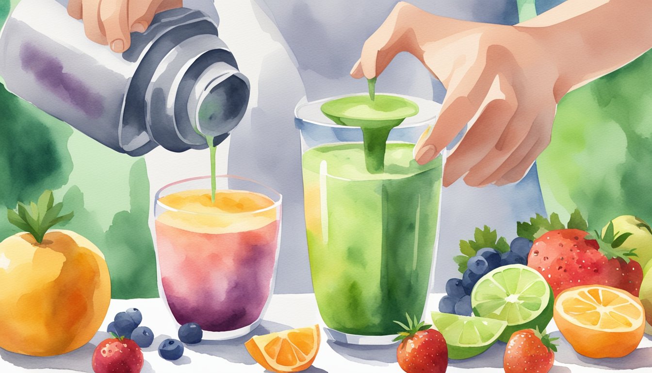 A person pouring vegan meal replacement shake powder into a blender with fresh fruits and vegetables next to it