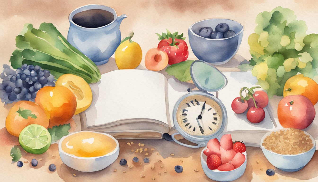 A table with colorful fruits, vegetables, and whole grains.</p><p>A clock showing intermittent fasting schedule.</p><p>A booklet with menopause health tips