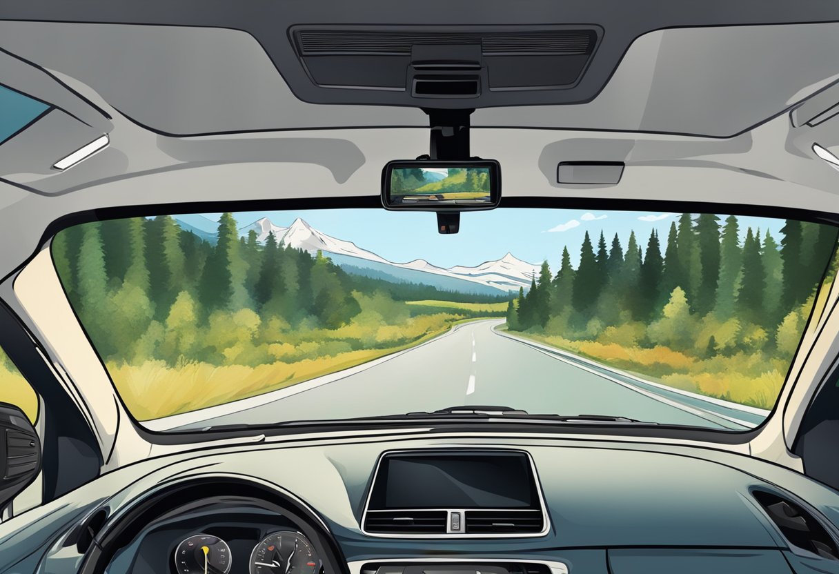 A car dashboard with a mounted dashcam facing the windshield, capturing the road ahead. A Canadian landscape visible through the windshield