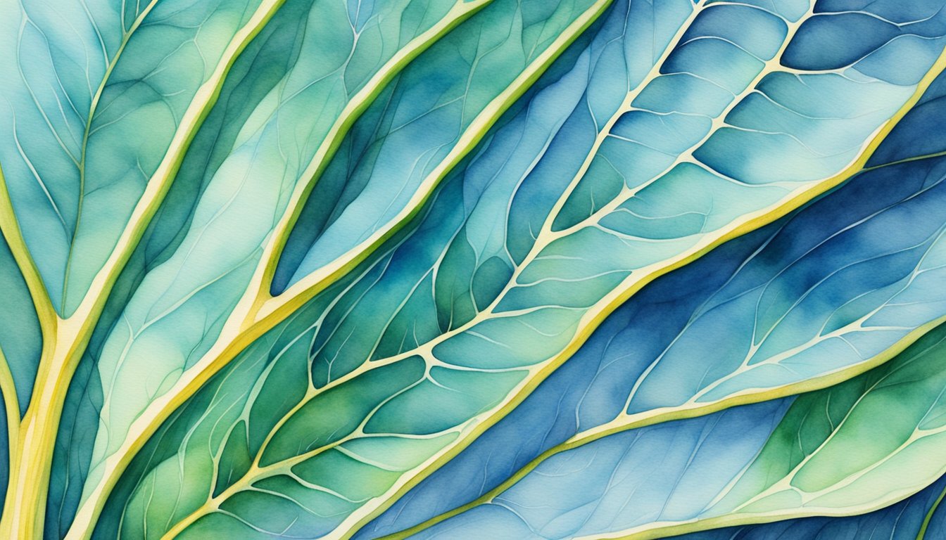 A close-up of a translucent blue vein running through a leaf or thin membrane, with a focus on its visibility and color