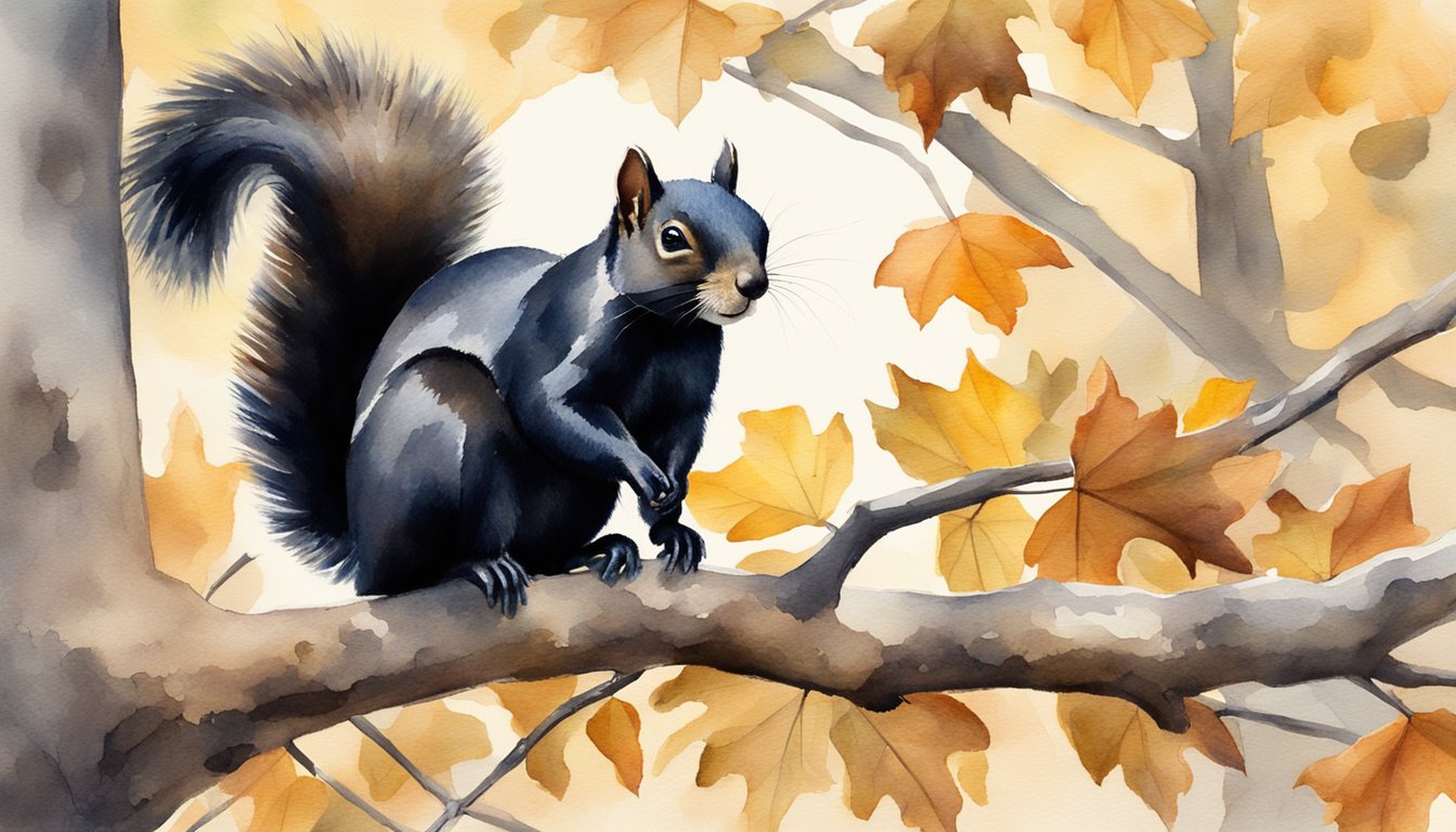 A black squirrel perched on a tree branch, surrounded by fallen leaves and acorns.</p><p>Its fur glistens in the sunlight, and its eyes are bright and alert