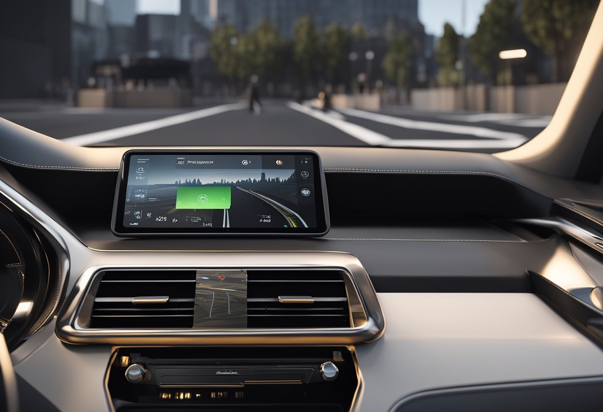 A car dashboard with a smartphone connected via Bluetooth. A voice command is being used to stop a podcast from automatically playing