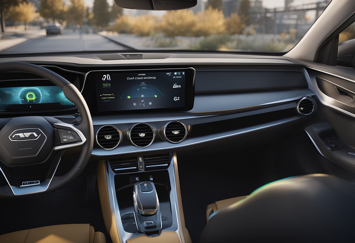 A car dashboard with a music streaming app open, a podcast episode paused, and a "disable auto-play" option highlighted