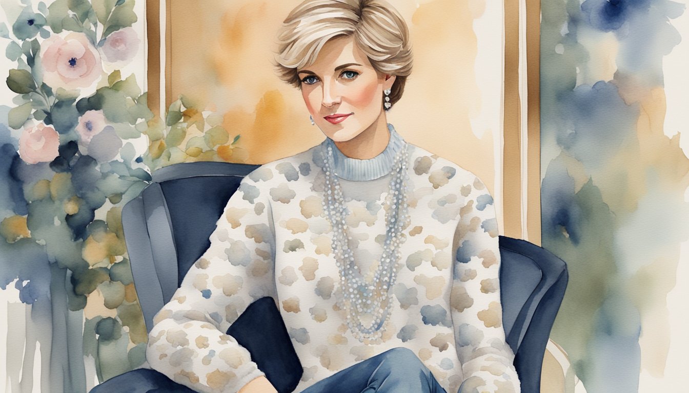 A modern woman wearing a sheep-patterned sweater, surrounded by elegant and regal decor, symbolizing the revival and legacy of Princess Diana's iconic fashion