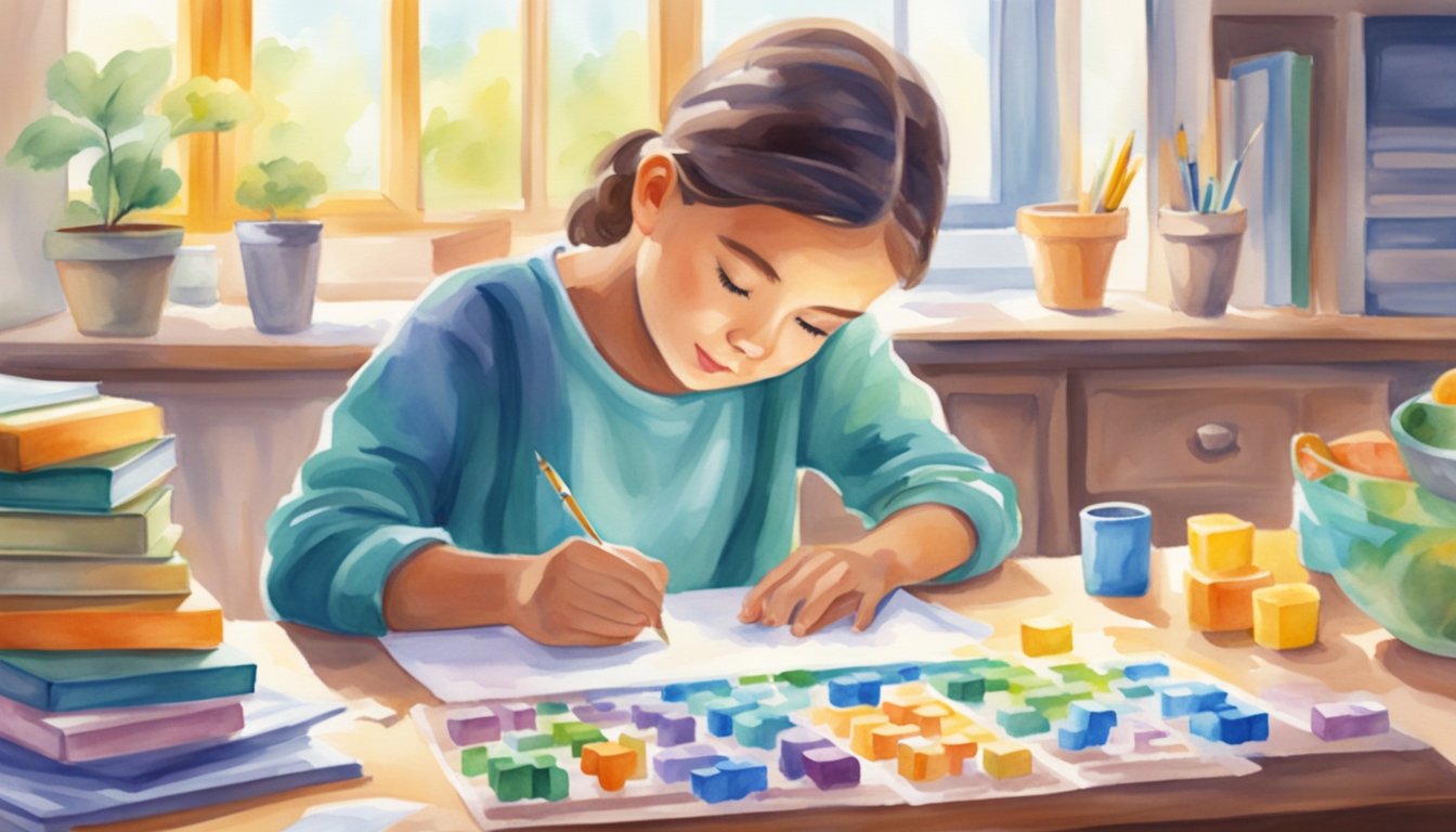 Various brain training activities: puzzles, memory games, and mental exercises.</p><p>Bright, colorful environment with focus and concentration