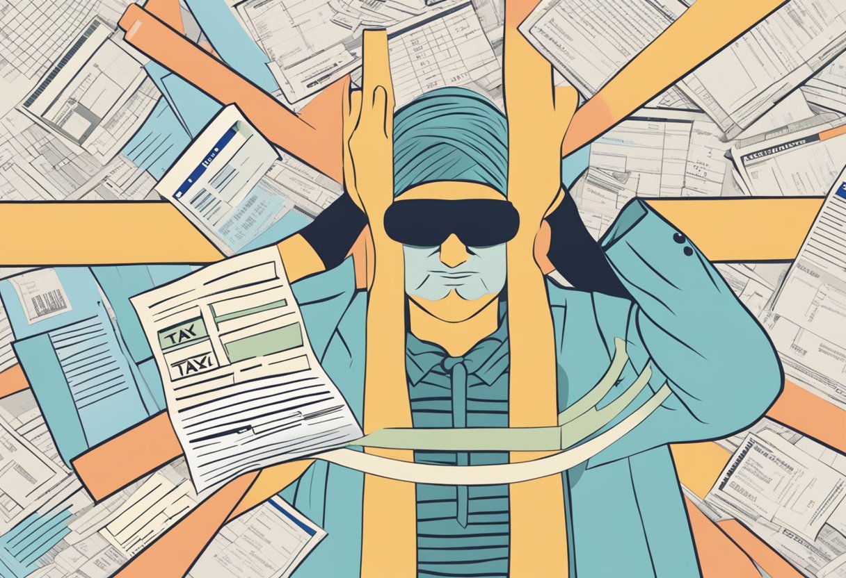 Cegueira e isenção do imposto de renda: Entenda seus Direitos 1 Blindness and tax exemption. A person blindfolded, surrounded by tax forms and a crossed-out tax symbol