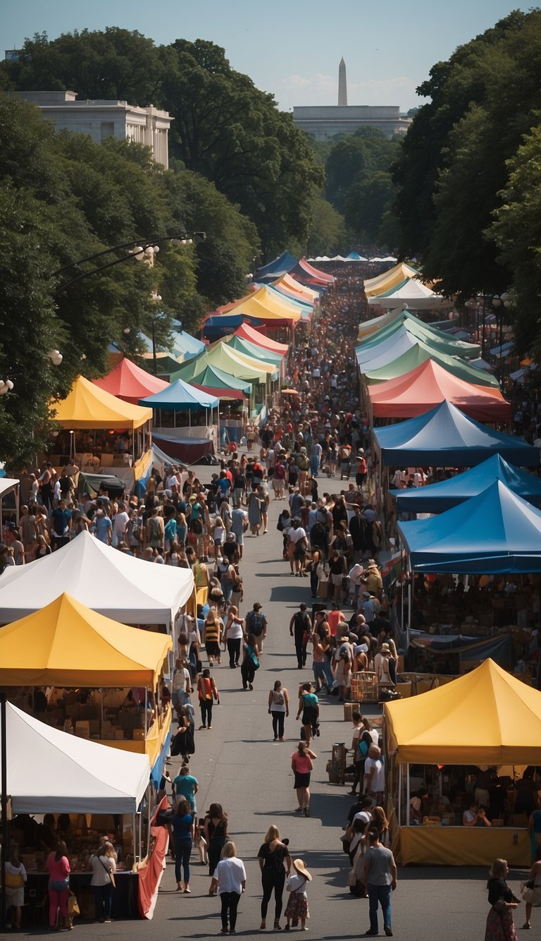 A bustling outdoor festival with colorful tents and stages, showcasing diverse cultural performances and vendors in the heart of Washington DC