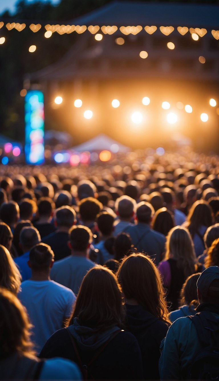 Crowds gather at an outdoor concert in Washington DC, as music fills the air. Colorful lights illuminate the stage, creating a vibrant and energetic atmosphere