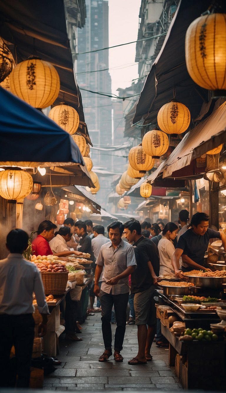 The bustling street is lined with food stalls offering diverse cuisines from around the world. Aromas of sizzling meats and spices fill the air as people gather to sample the culinary delights