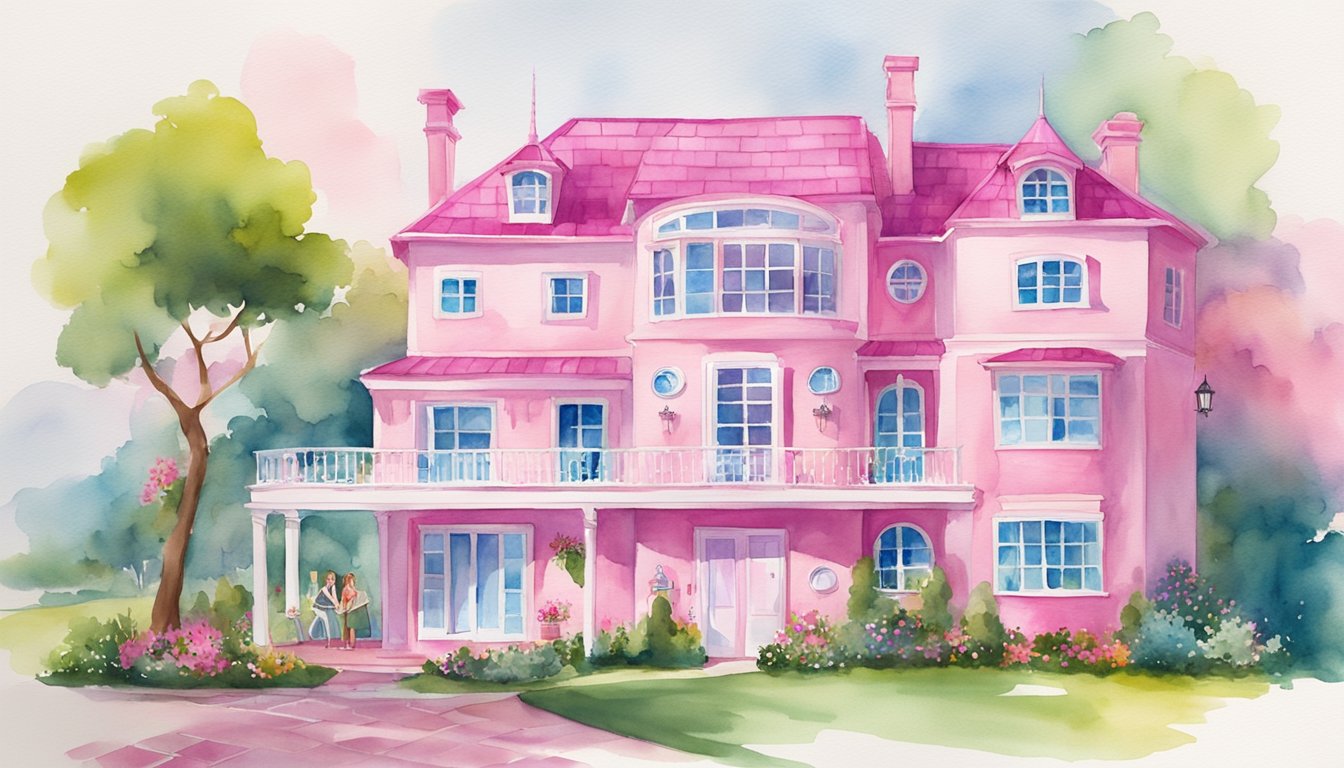 Barbie's iconic pink dream house transformed into an Airbnb, with guests enjoying themed rooms and glamorous decor