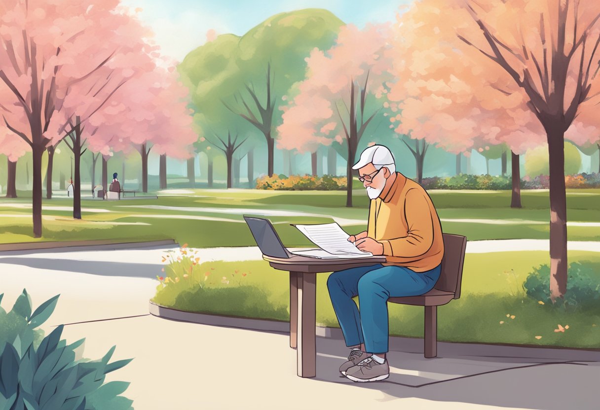 Parkinson e Isenção Do Imposto De Renda: Entenda seus Direitos 1 A person with Parkinson's disease filling out tax exemption forms in a peaceful park setting