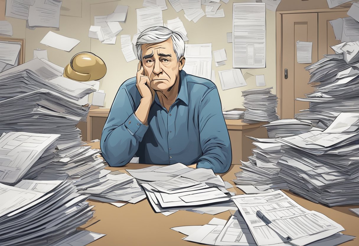 Alienação Mental e Isenção Imposto de Renda: Entenda Seus Direitos 2 A confused figure sits in a cluttered room, surrounded by piles of paperwork and tax forms. The figure's expression is one of frustration and uncertainty as they try to navigate the complexities of mental illness and tax exemptions for retirees