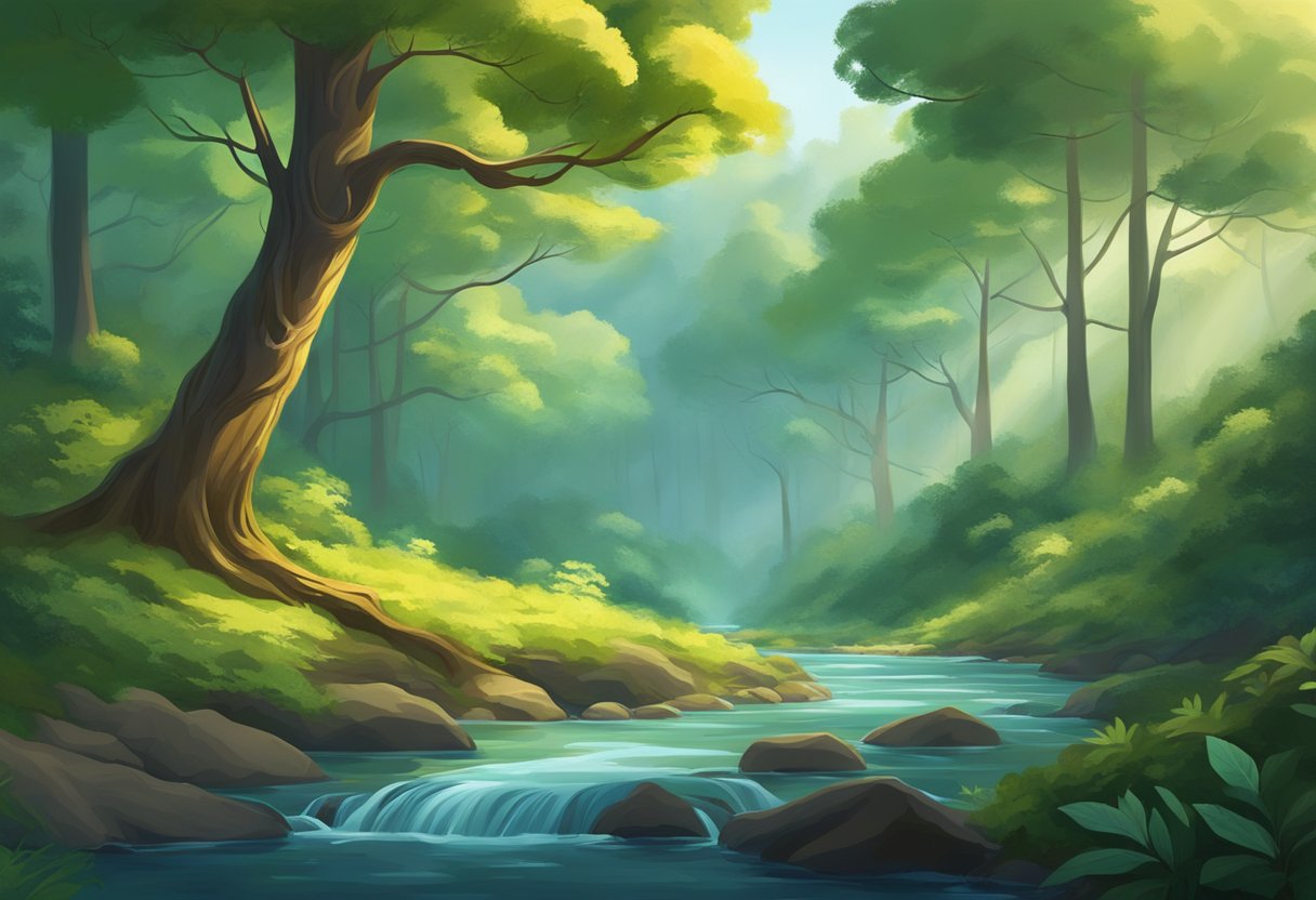 Espondiloartrose Anquilosante: Como Obter Isenção no Imposto de Renda 2 A serene forest with a winding river, tall trees, and vibrant foliage, depicting the tranquility and beauty of nature