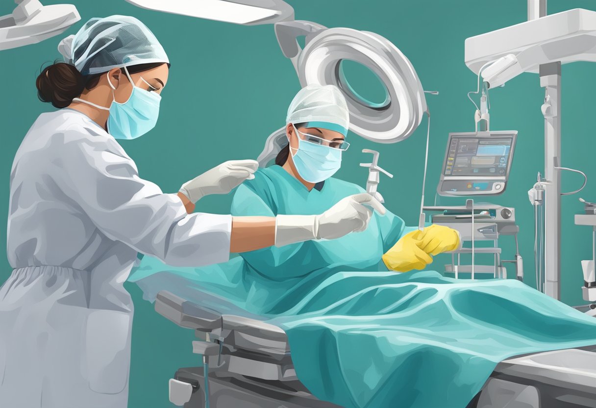 A scrub nurse hands surgical instruments to a surgical tech during a procedure