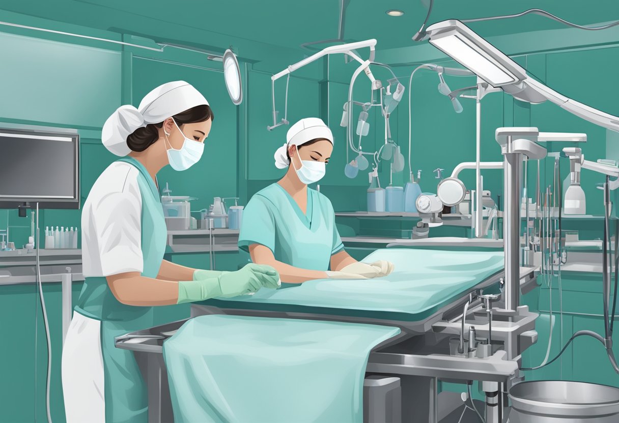 A scrub nurse and a surgical tech prepare instruments in the operating room