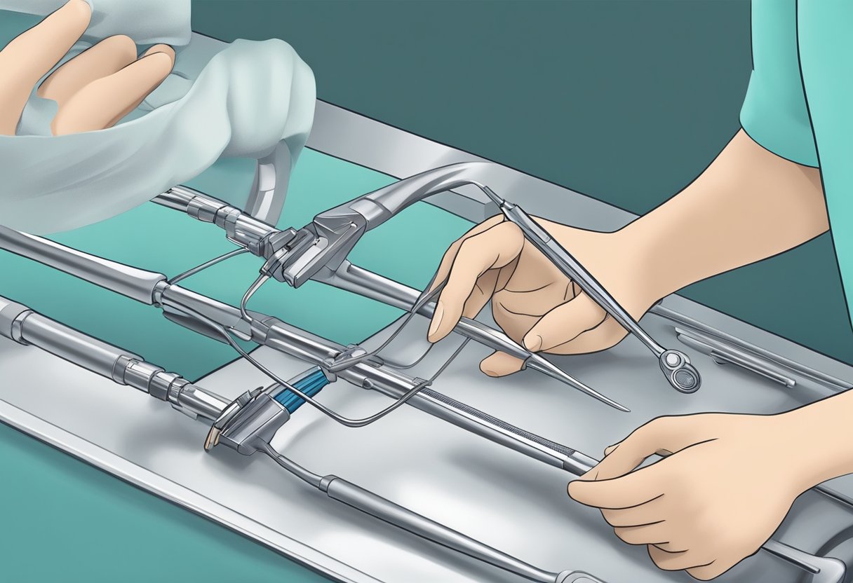 A scrub nurse hands a surgical tech instruments during a procedure