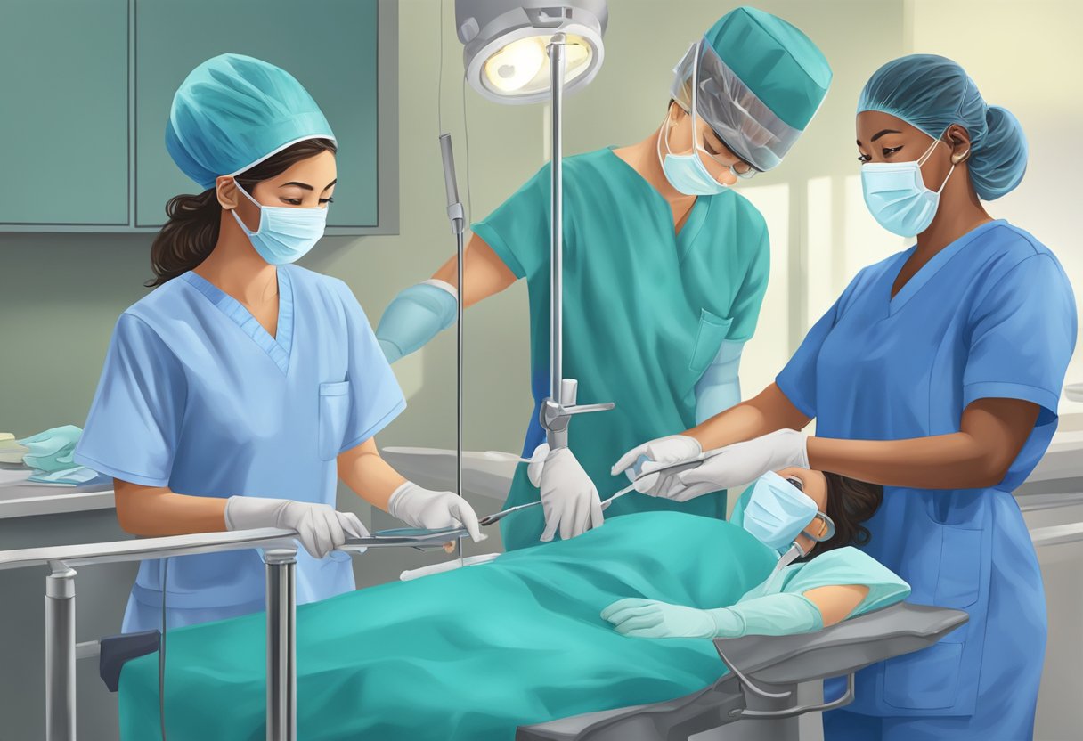 A scrub nurse and surgical tech work together, using sterile tools for surgeries