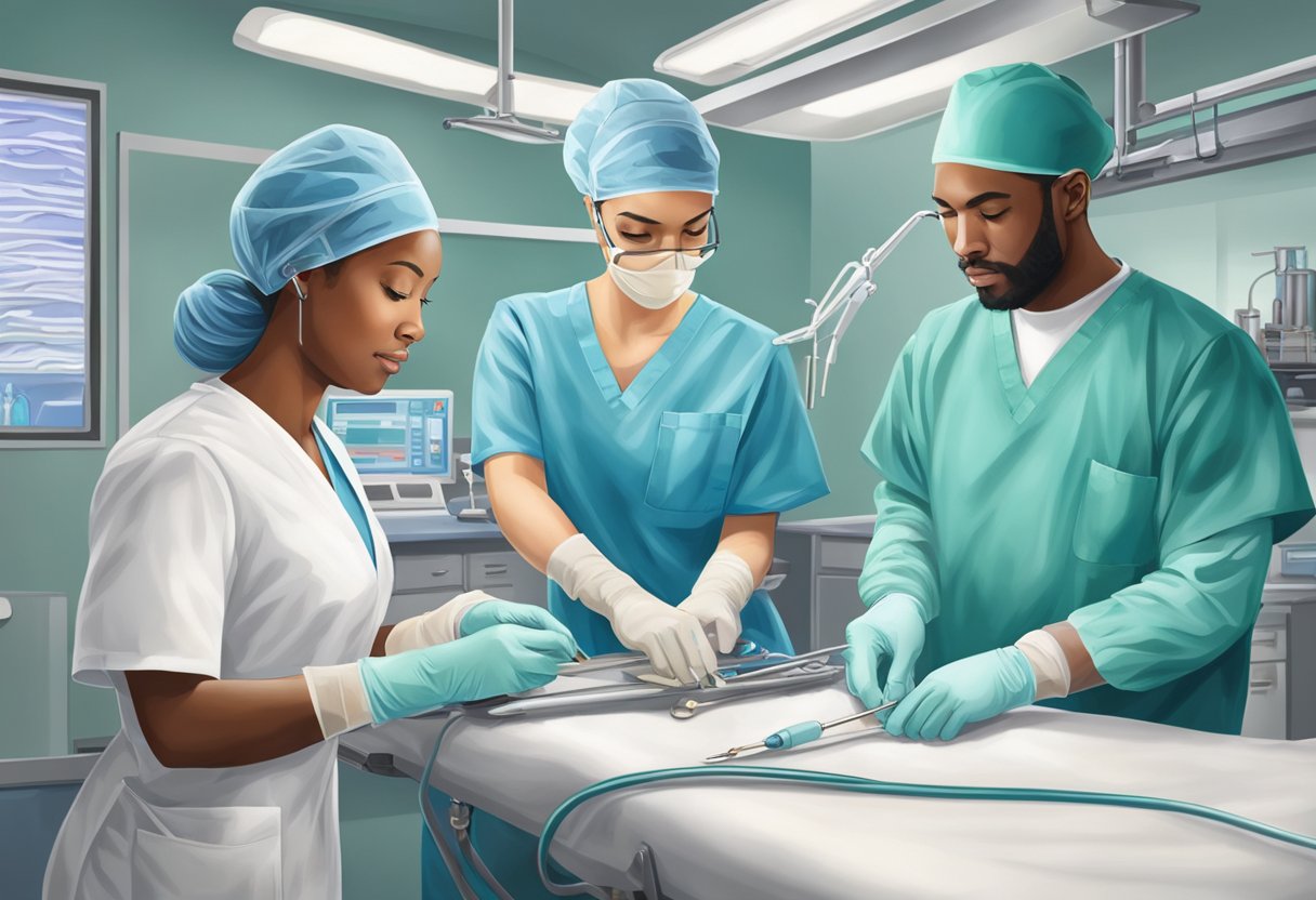 A scrub nurse confidently assists the surgeon, while the surgical tech efficiently organizes instruments